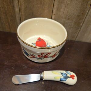 Lenox Winter Greetings Holidays Cardinal Serving Set Dip‎ Bowl + Spreader knife